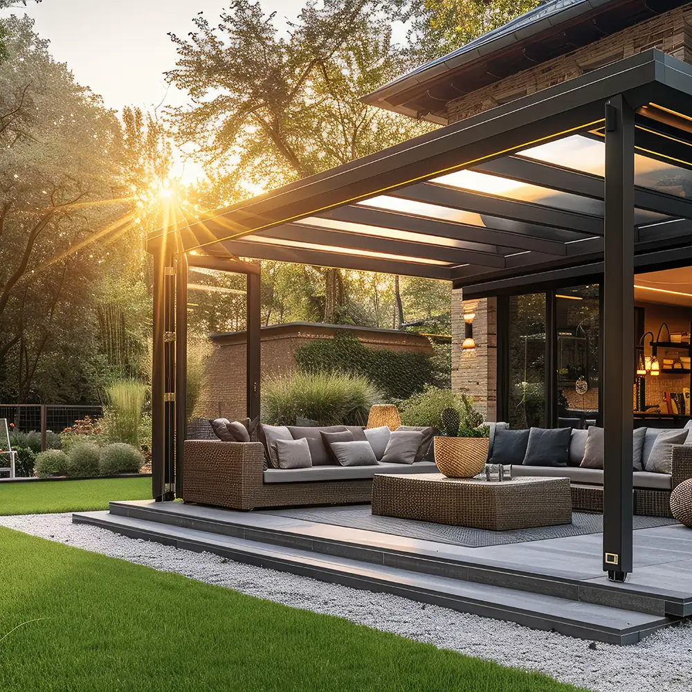 Eine gemütliche Pergola mit offenen Seiten und einem glatten Glasdach schmiegt sich an ein charmantes Haus, umgeben von einem schönen Garten.